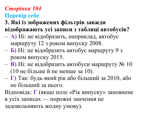 Відповідь до завдання «Перевір себе» 3 (с. 104) з інформатики для 9 класу, Коршунова 2026: Вибір даних: сортування...