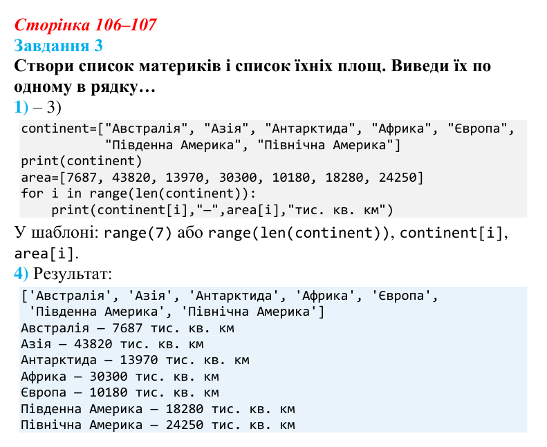Відповідь до завдання 3 (с. 106–107) з інформатики для 9 класу, Коршунова 2026: Поняття списку в Python