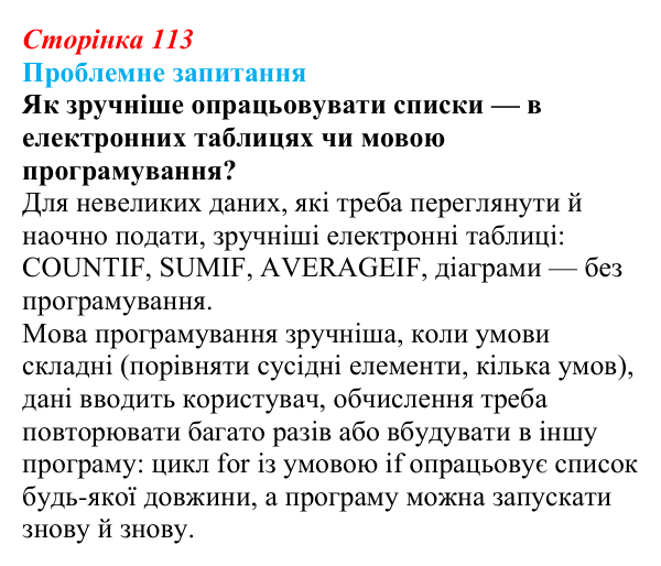 Відповідь до проблемного запитання (с. 113) з інформатики для 9 класу, Коршунова 2026: Операції з елементами списку в Python