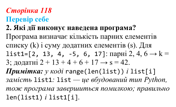 Відповідь до завдання «Перевір себе» 2 (с. 118) з інформатики для 9 класу, Коршунова 2026: Операції з елементами списку...