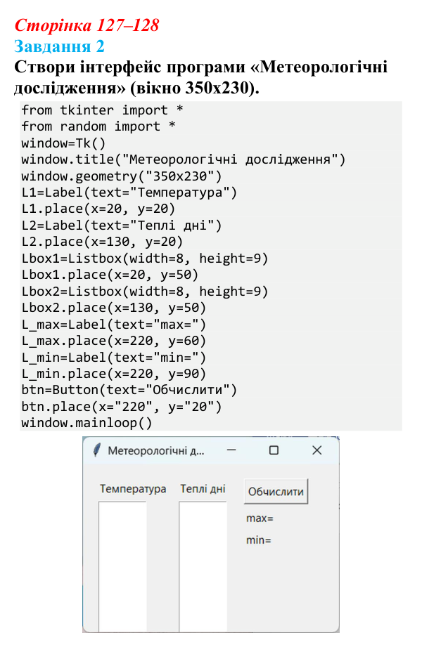 Відповідь до завдання 2 (с. 127–128) з інформатики для 9 класу, Коршунова 2026: Елемент керування ListBox у Python