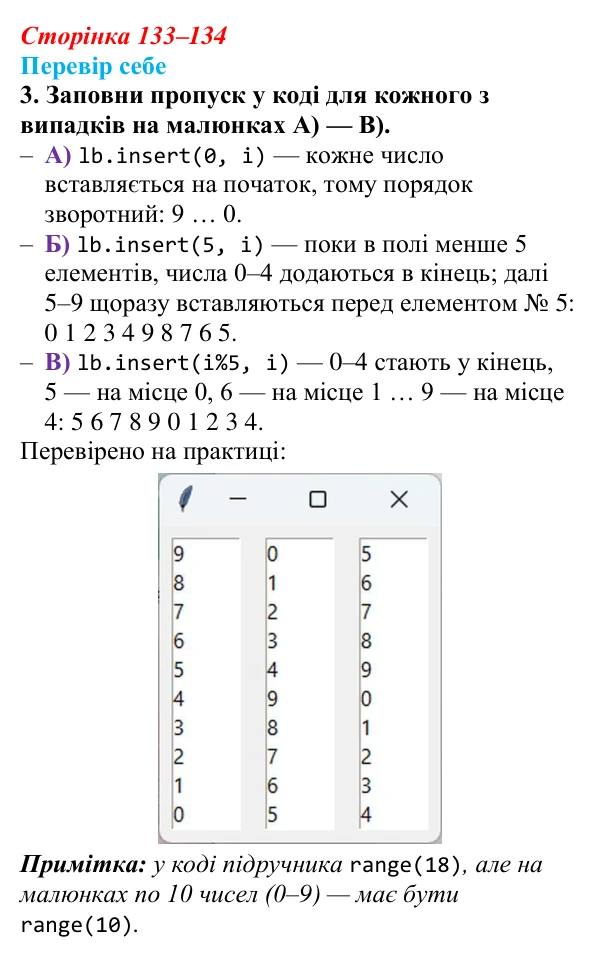Відповідь до завдання «Перевір себе» 3 (с. 133–134) з інформатики для 9 класу, Коршунова 2026: Елемент керування ListBox...
