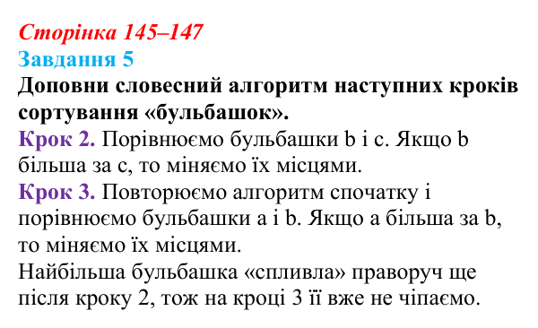 Відповідь до завдання 5 (с. 145–147) з інформатики для 9 класу, Коршунова 2026: Упорядкування елементів списку, метод...