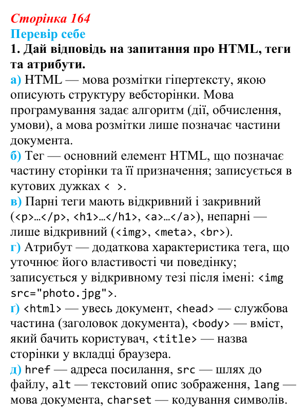 Відповідь до завдання «Перевір себе» 1 (с. 164) з інформатики для 9 класу, Коршунова 2026: Структура вебсторінки, мова HTML