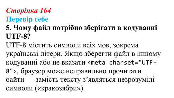 Відповідь до завдання «Перевір себе» 5 (с. 164) з інформатики для 9 класу, Коршунова 2026: Структура вебсторінки, мова HTML