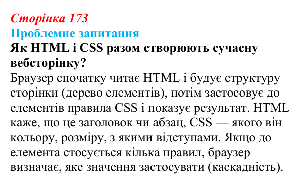 Відповідь до проблемного запитання (с. 173) з інформатики для 9 класу, Коршунова 2026: Вебсторінка як єдина система...