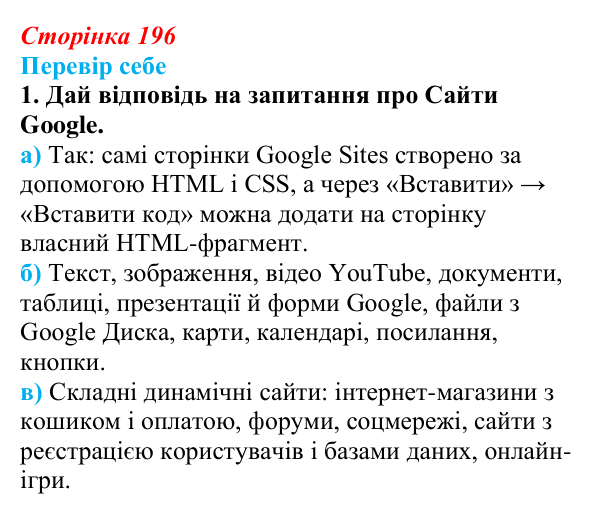 Відповідь до завдання «Перевір себе» 1 (с. 196) з інформатики для 9 класу, Коршунова 2026: Конструктори сайтів, Google...
