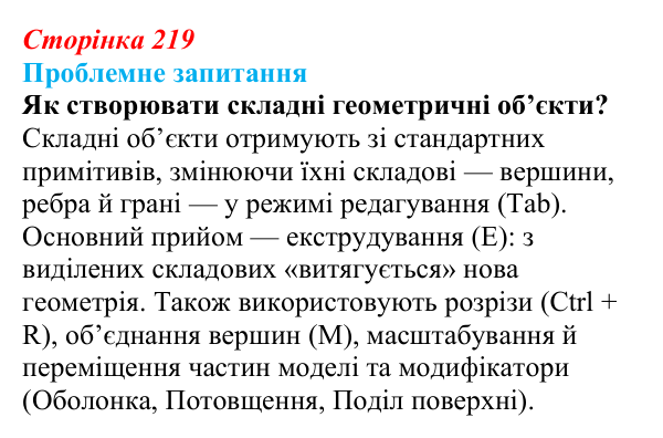 Відповідь до проблемного запитання (с. 219) з інформатики для 9 класу, Коршунова 2026: Екструдування об’єктів у Blender