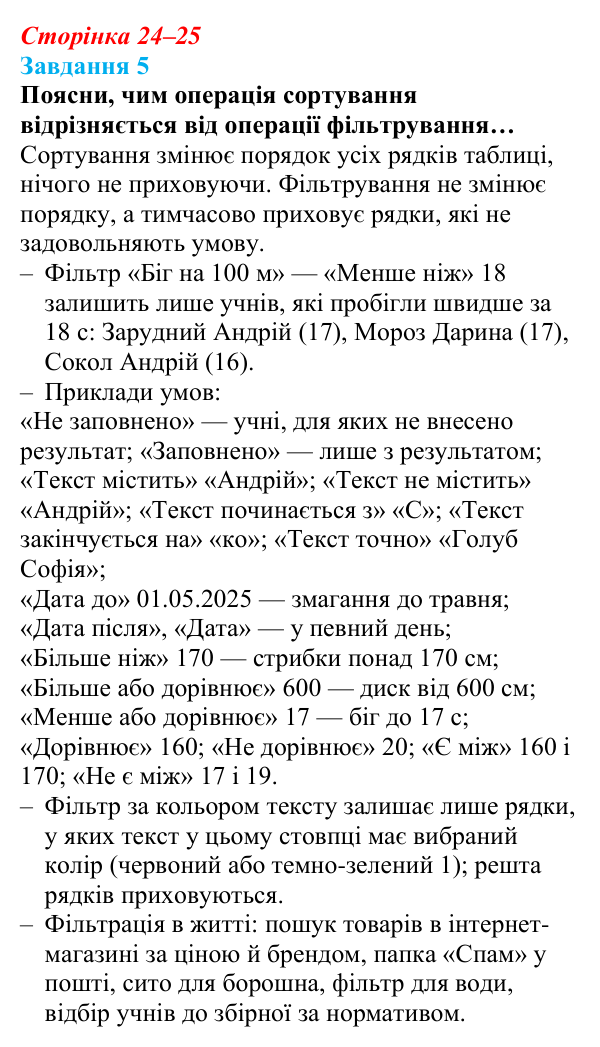 Відповідь до завдання 5 (с. 24–25) з інформатики для 9 класу, Коршунова 2026: Сортування, прості та розширені фільтри