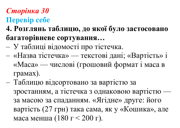 Відповідь до завдання «Перевір себе» 4 (с. 30) з інформатики для 9 класу, Коршунова 2026: Сортування, прості та розширені...