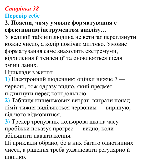 Відповідь до завдання «Перевір себе» 2 (с. 38) з інформатики для 9 класу, Коршунова 2026: Візуальний аналіз даних, умовне...