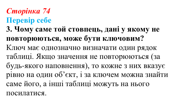 Відповідь до завдання «Перевір себе» 3 (с. 74) з інформатики для 9 класу, Коршунова 2026: Основні поняття баз даних