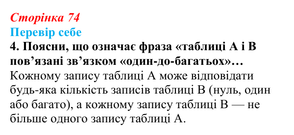 Відповідь до завдання «Перевір себе» 4 (с. 74) з інформатики для 9 класу, Коршунова 2026: Основні поняття баз даних