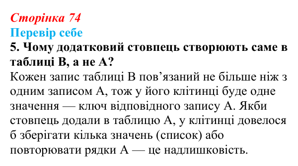 Відповідь до завдання «Перевір себе» 5 (с. 74) з інформатики для 9 класу, Коршунова 2026: Основні поняття баз даних