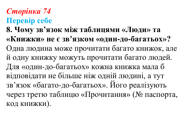 Відповідь до завдання «Перевір себе» 8 (с. 74) з інформатики для 9 класу, Коршунова 2026: Основні поняття баз даних