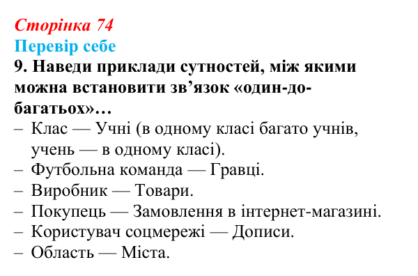 Відповідь до завдання «Перевір себе» 9 (с. 74) з інформатики для 9 класу, Коршунова 2026: Основні поняття баз даних
