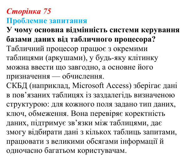 Відповідь до проблемного запитання (с. 75) з інформатики для 9 класу, Коршунова 2026: Ознайомлення із СКБД Microsoft Access