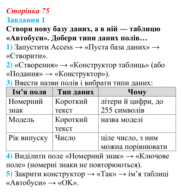 Відповідь до завдання 1 (с. 75) з інформатики для 9 класу, Коршунова 2026: Ознайомлення із СКБД Microsoft Access