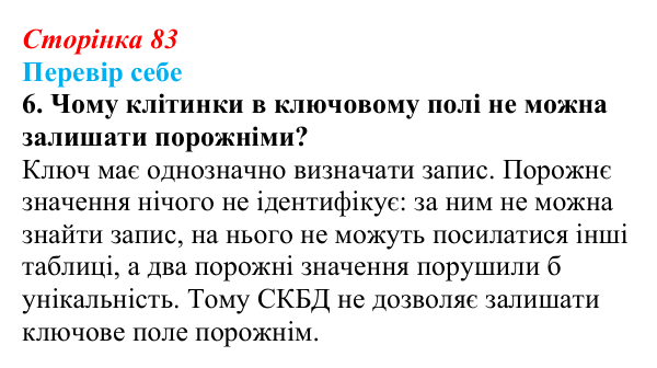 Відповідь до завдання «Перевір себе» 6 (с. 83) з інформатики для 9 класу, Коршунова 2026: Ознайомлення із СКБД Microsoft...