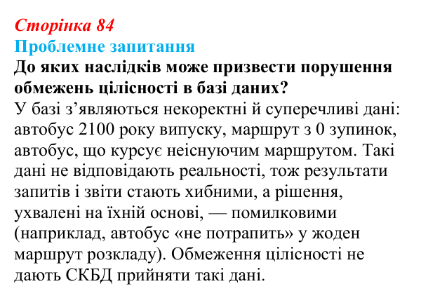 Відповідь до проблемного запитання (с. 84) з інформатики для 9 класу, Коршунова 2026: Обмеження цілісності