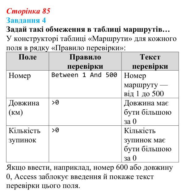 Відповідь до завдання 4 (с. 85) з інформатики для 9 класу, Коршунова 2026: Обмеження цілісності