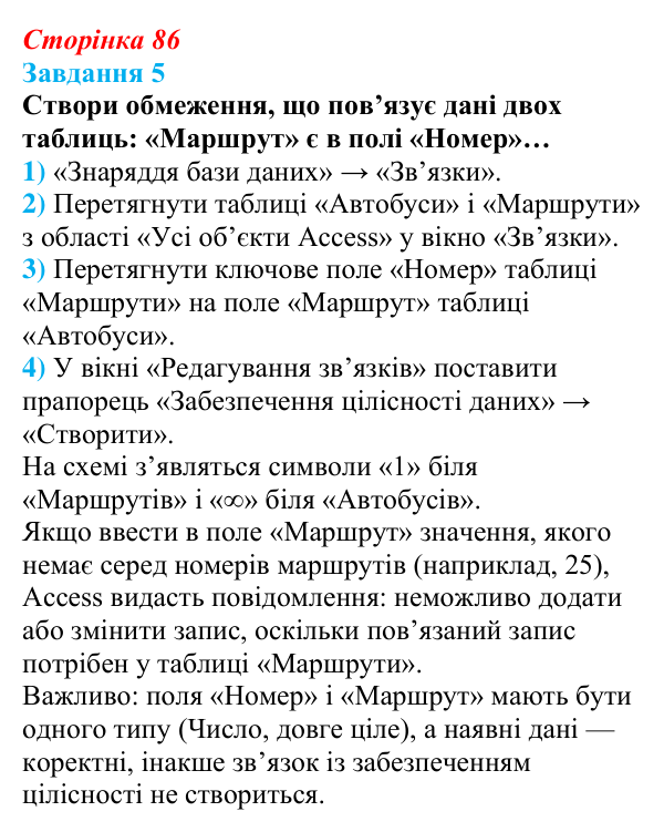 Відповідь до завдання 5 (с. 86) з інформатики для 9 класу, Коршунова 2026: Обмеження цілісності
