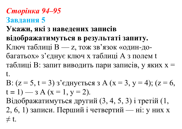 Відповідь до завдання 5 (с. 94–95) з інформатики для 9 класу, Коршунова 2026: Вибір даних: сортування, фільтри, запити