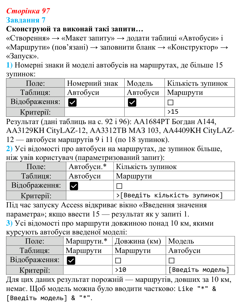 Відповідь до завдання 7 (с. 97) з інформатики для 9 класу, Коршунова 2026: Вибір даних: сортування, фільтри, запити