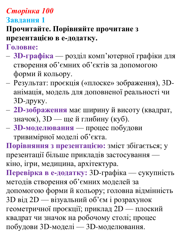 Сторінка 100, завдання 1 Відповідь до завдання 1 (с. 100) з інформатики для 9 класу, Морзе 2026: проєкт 8 «3D-архітектор»