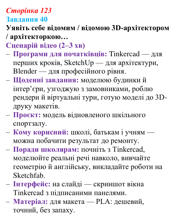 Сторінка 123, завдання 40 Відповідь до завдання 40 (с. 123) з інформатики для 9 класу, Морзе 2026: проєкт 8 «3D-архітектор»