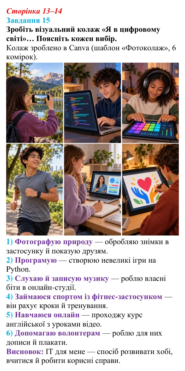 Сторінка 13–14, завдання 15 Відповідь до завдання 15 (с. 13–14) з інформатики для 9 класу, Морзе 2026: проєкт 1 «Моя майбутня професія»