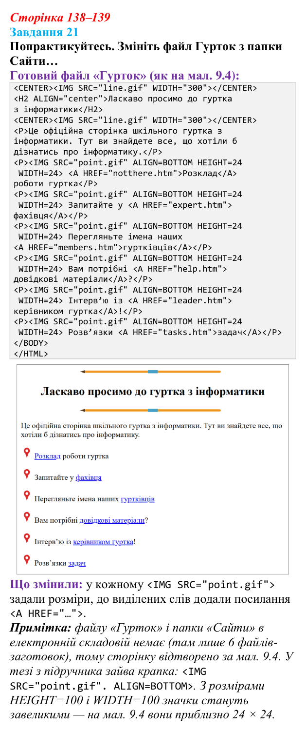 Сторінка 138–139, завдання 21 Відповідь до завдання 21 (с. 138–139) з інформатики для 9 класу, Морзе 2026: проєкт 9 «Вебдизайнер»