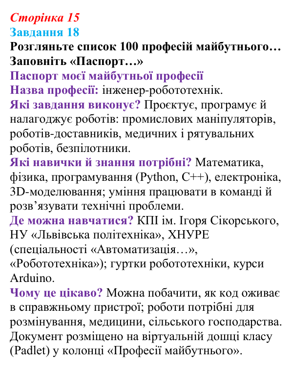 Сторінка 15, завдання 18 Відповідь до завдання 18 (с. 15) з інформатики для 9 класу, Морзе 2026: проєкт 1 «Моя майбутня професія»