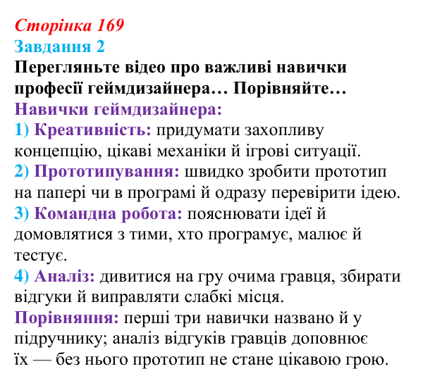 Сторінка 169, завдання 2 Відповідь до завдання 2 (с. 169) з інформатики для 9 класу, Морзе 2026: проєкт 11 «Геймдизайнер»
