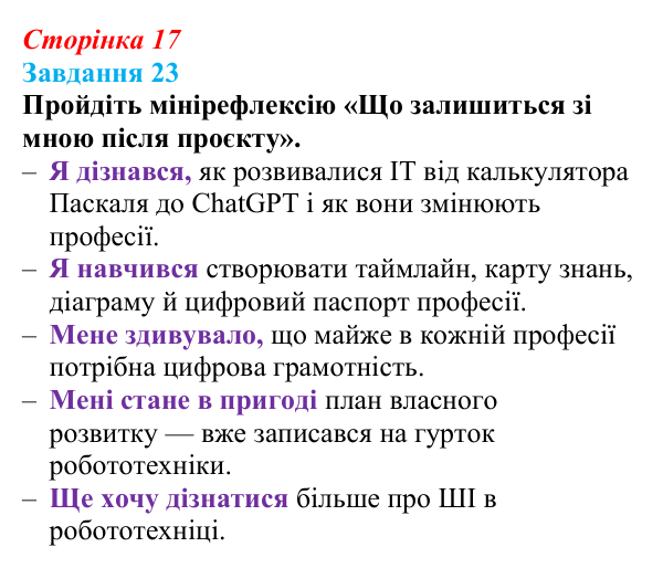 Сторінка 17, завдання 23 Відповідь до завдання 23 (с. 17) з інформатики для 9 класу, Морзе 2026: проєкт 1 «Моя майбутня професія»