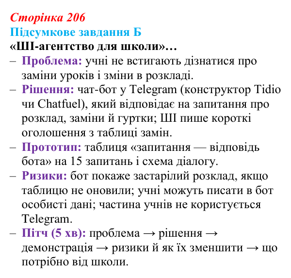 Сторінка 206, підсумкове завдання Б Відповідь до підсумкового завдання Б (с. 206) з інформатики для 9 класу, Морзе 2026: практикум «ШІ в ІТ-професіях»