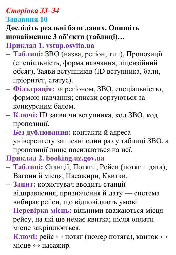 Сторінка 33–34, завдання 10 Відповідь до завдання 10 (с. 33–34) з інформатики для 9 класу, Морзе 2026: проєкт 3 «Адміністратор бази даних школи»