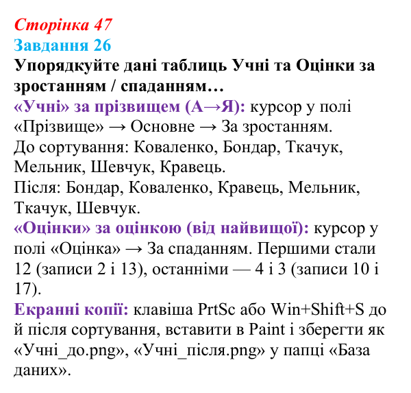 Сторінка 47, завдання 26 Відповідь до завдання 26 (с. 47) з інформатики для 9 класу, Морзе 2026: проєкт 3 «Адміністратор бази даних школи»