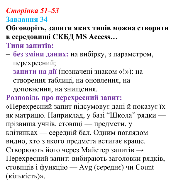 Сторінка 51–53, завдання 34 Відповідь до завдання 34 (с. 51–53) з інформатики для 9 класу, Морзе 2026: проєкт 3 «Адміністратор бази даних школи»