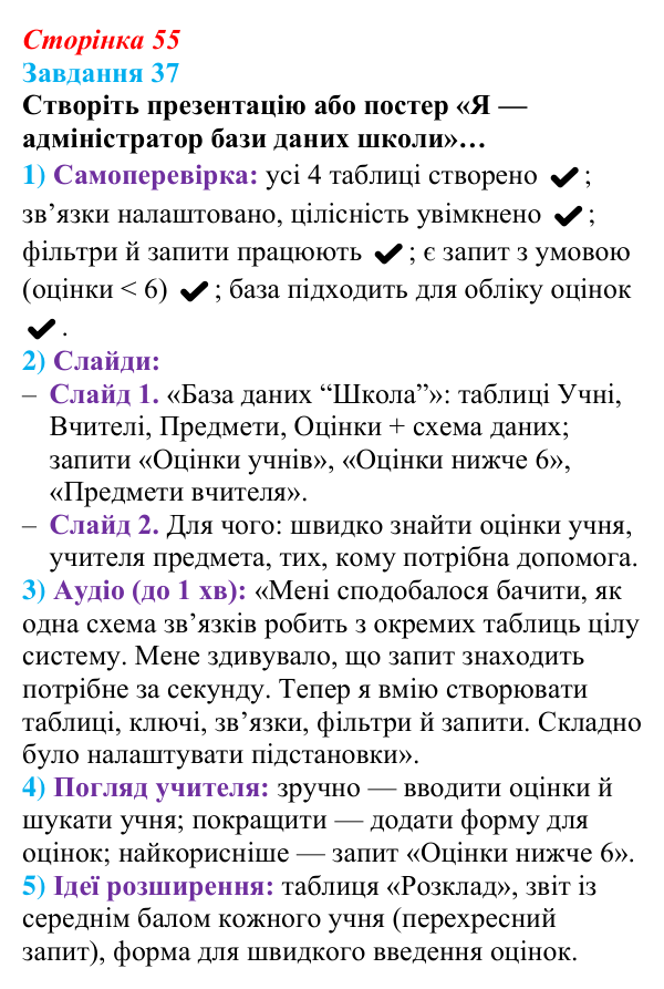 Сторінка 55, завдання 37 Відповідь до завдання 37 (с. 55) з інформатики для 9 класу, Морзе 2026: проєкт 3 «Адміністратор бази даних школи»