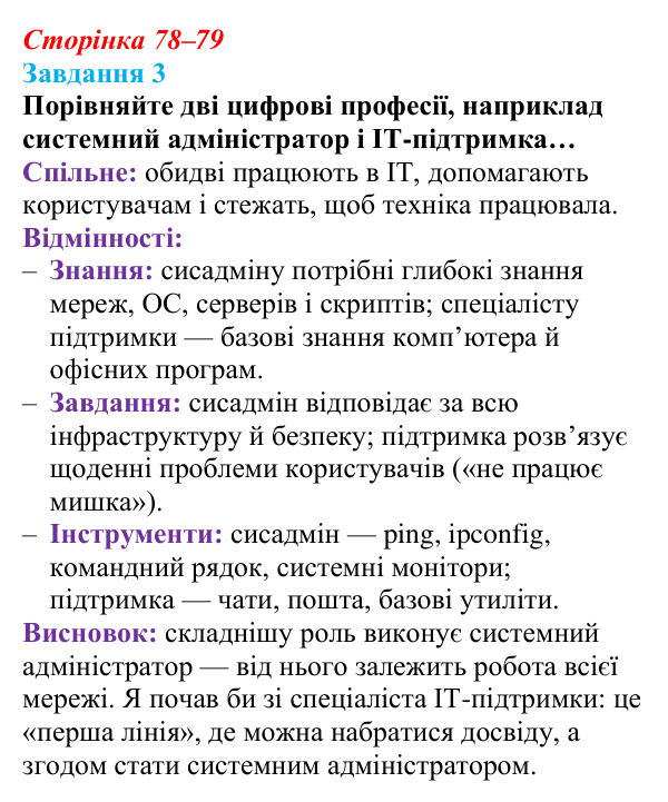 Сторінка 78–79, завдання 3 Відповідь до завдання 3 (с. 78–79) з інформатики для 9 класу, Морзе 2026: проєкт 6 «Системний адміністратор»
