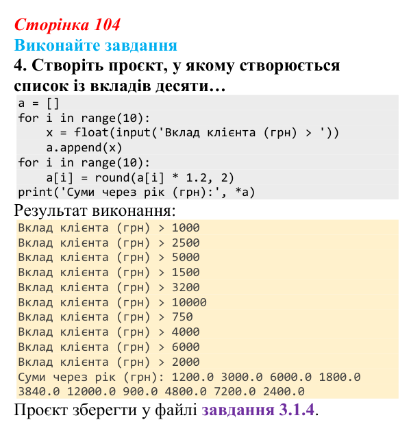 Сторінка 104, завдання 4 Відповідь до завдання 4 (с. 104) з інформатики для 9 класу, Ривкінд 2026: Одновимірні масиви. Списки в Python, їх уведення...
