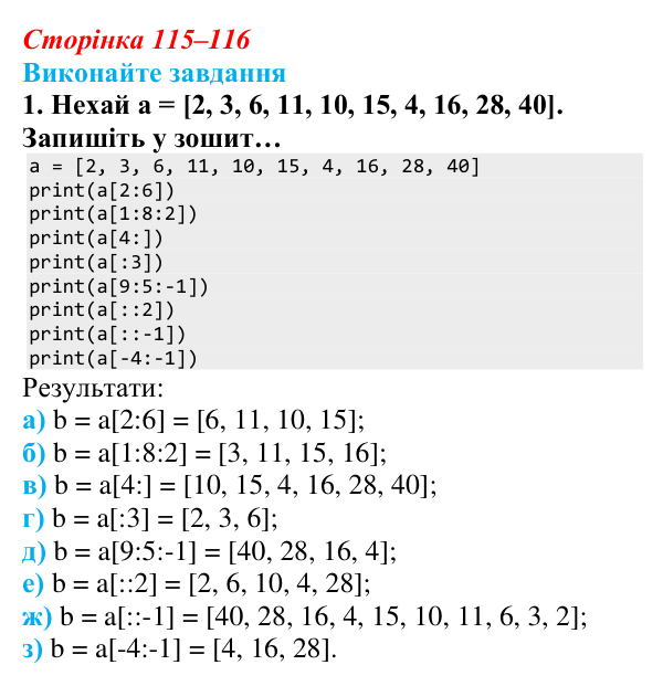 Сторінка 115–116, завдання 1 Відповідь до завдання 1 (с. 115–116) з інформатики для 9 класу, Ривкінд 2026: Опрацювання списків у Python: операції...