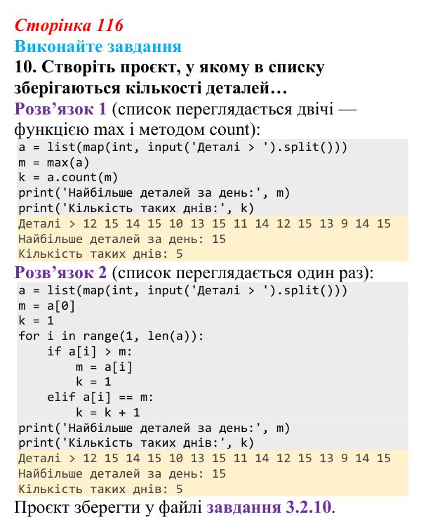Сторінка 116, завдання 10 Відповідь до завдання 10 (с. 116) з інформатики для 9 класу, Ривкінд 2026: Опрацювання списків у Python: операції, функції...