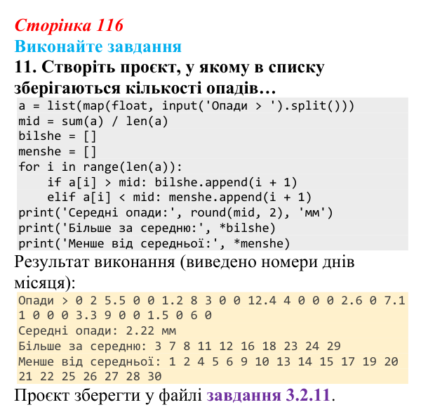 Відповідь до завдання 11 (с. 116) з інформатики для 9 класу, Ривкінд 2026: Опрацювання списків у Python: операції, функції...