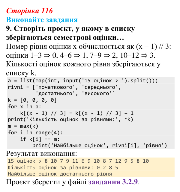 Сторінка 116, завдання 9 Відповідь до завдання 9 (с. 116) з інформатики для 9 класу, Ривкінд 2026: Опрацювання списків у Python: операції, функції...