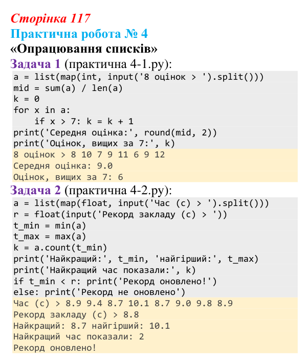 Сторінка 117, практична робота 4 Відповідь до практичної роботи № 4 (с. 117) з інформатики для 9 класу, Ривкінд 2026: Опрацювання списків у Python...
