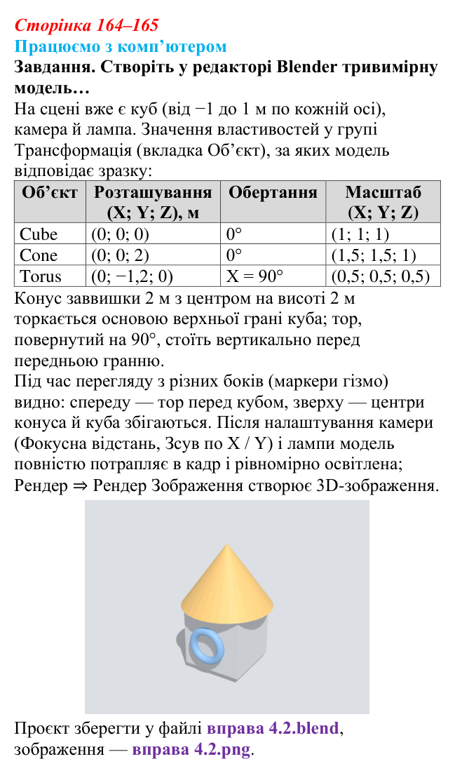 Сторінка 164–165, працюємо з комп’ютером Відповідь до вправи «Працюємо з комп’ютером» (с. 164–165) з інформатики для 9 класу, Ривкінд 2026: Редактор Blender...
