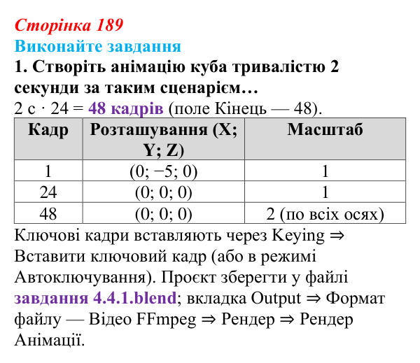 Сторінка 189, завдання 1 Відповідь до завдання 1 (с. 189) з інформатики для 9 класу, Ривкінд 2026: Створення 3D-анімації в редакторі Blender