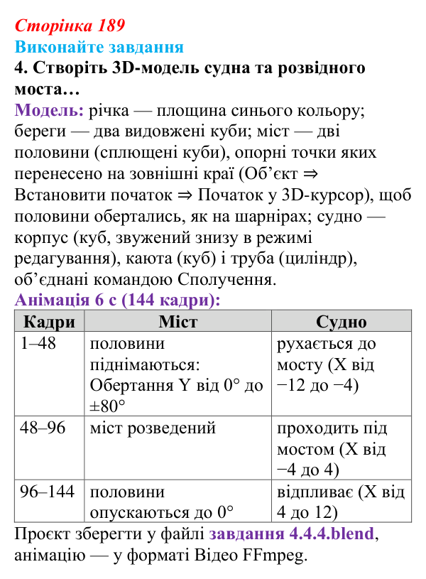 Відповідь до завдання 4 (с. 189) з інформатики для 9 класу, Ривкінд 2026: Створення 3D-анімації в редакторі Blender